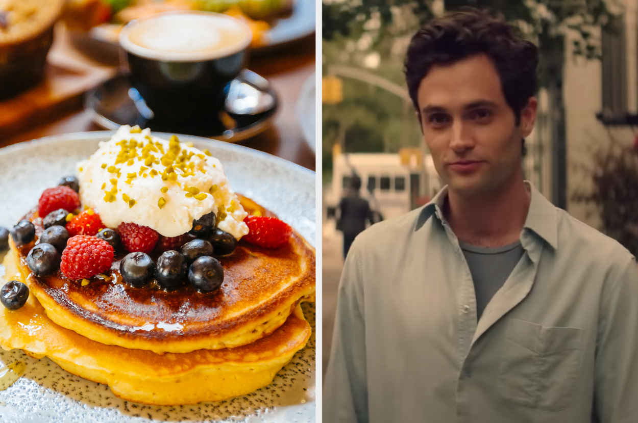 Left: Stack of pancakes topped with berries and cream. Right: Person in casual button-up shirt walking outside