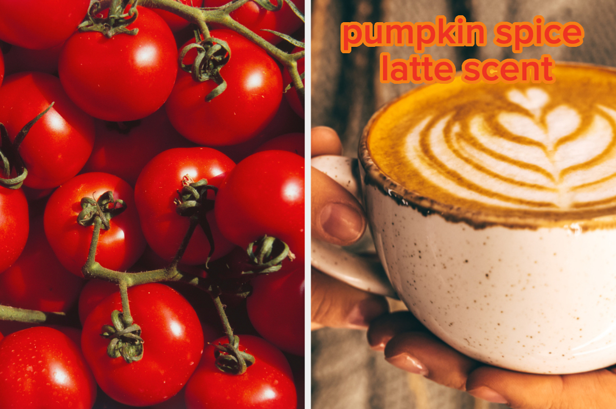 Tomatoes on the left; person holding a latte with foam art and "pumpkin spice latte scent" text on the right