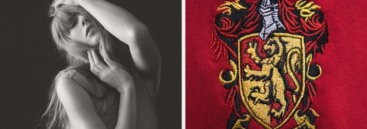 Left: Person posing with an arm over their face, titled "The Tortured Poets Department". Right: Gryffindor crest with lion emblem on fabric