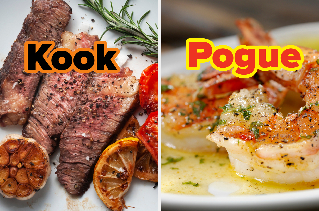 Left: Sliced steak with lemon, garlic, and rosemary. Right: Cooked shrimp garnished with herbs and butter, labeled "Kook" and "Pogue."