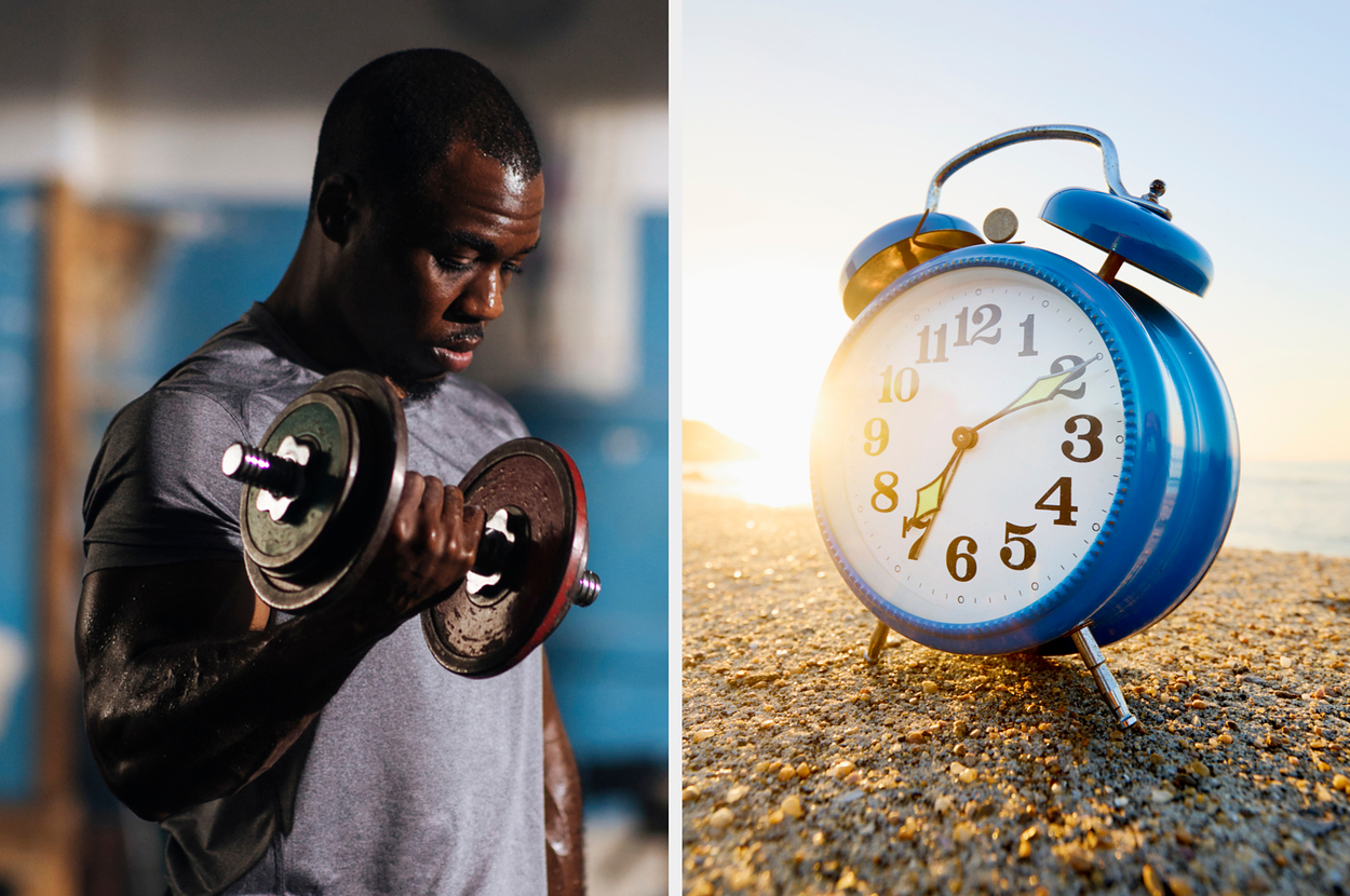 Person lifting a dumbbell next to an alarm clock on a sandy beach