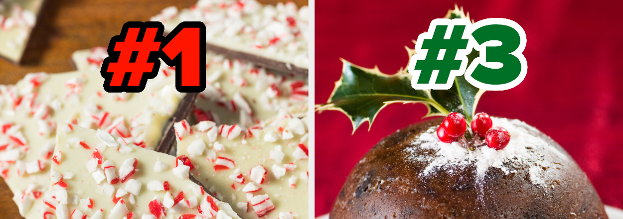 On the left, peppermint bark labeled number 1, and on the right, Christmas pudding labeled number 3