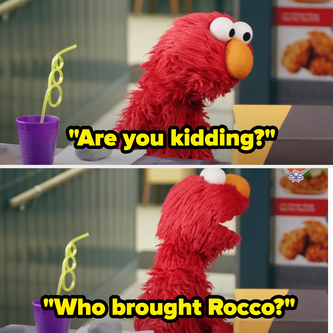 Elmo sitting at a table with a straw cup, saying, &quot;Are you kidding?&quot; and &quot;Who brought Rocco?&quot;