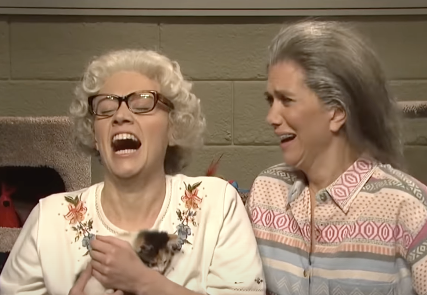 Two women laughing together indoors, one holding a kitten. They are dressed in vintage-style, patterned blouses