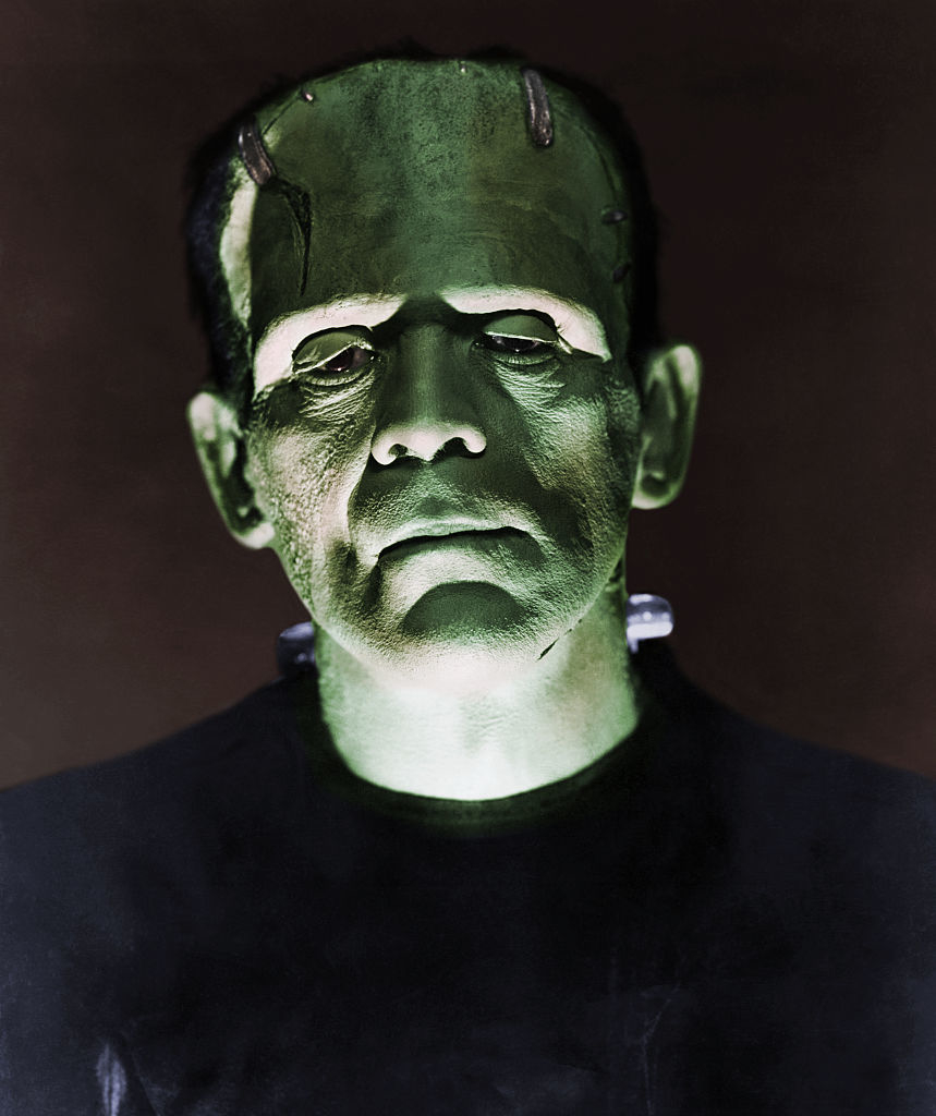 Boris as Frankenstein&#x27;s monster in classic movie makeup with bolts in neck, staring forward