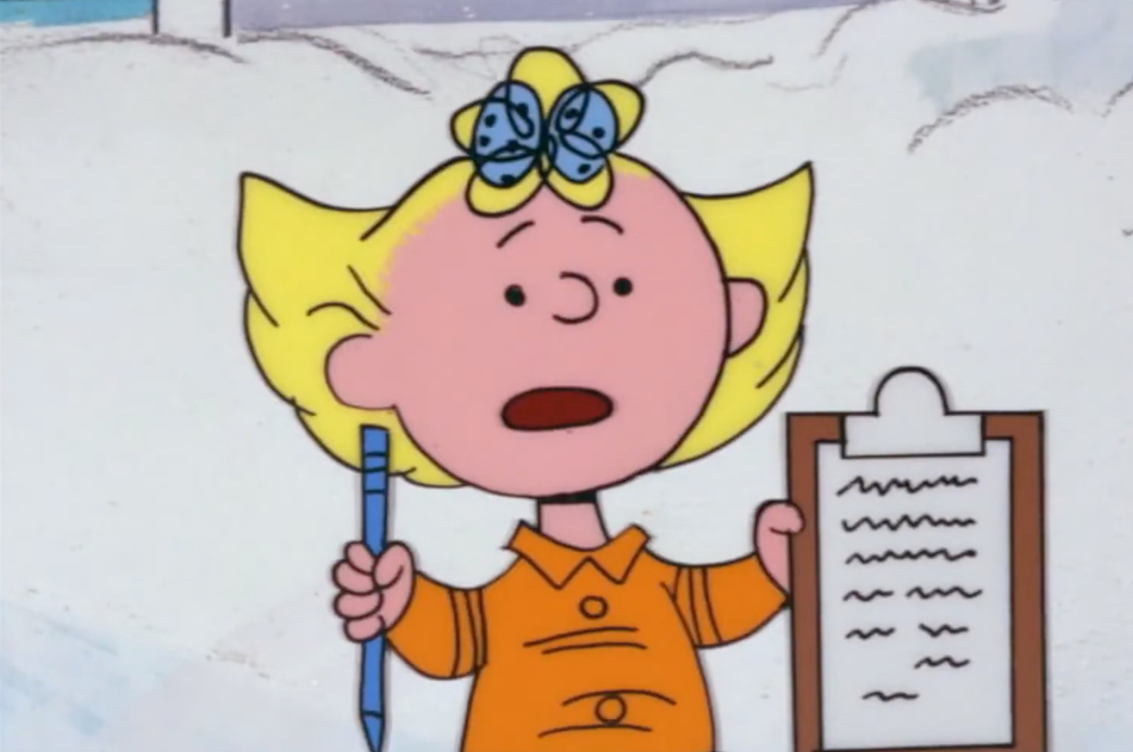 Cartoon character Sally Brown from Peanuts, holding a clipboard and pencil, looks surprised