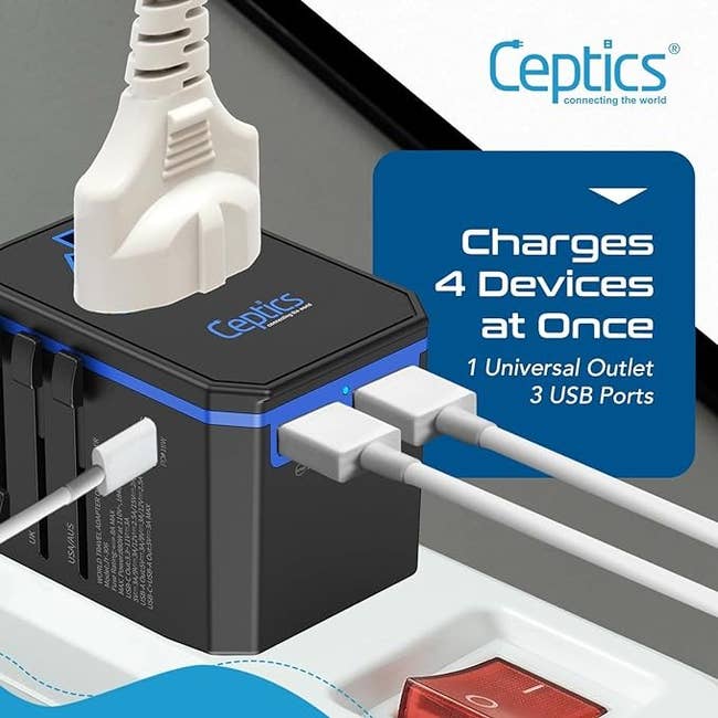 Ceptics charging adapter shown with multiple devices connected, highlighting its ability to charge 4 devices simultaneously with 1 universal outlet and 3 USB ports