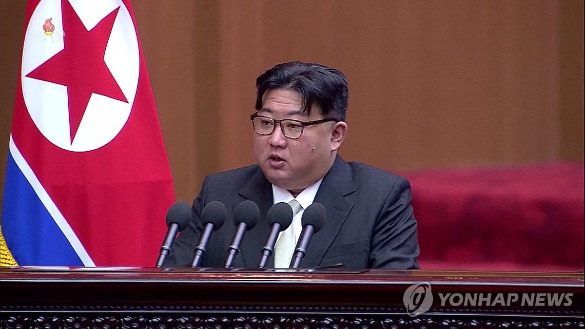 This image, captured from footage of North Korea's state-run Korean Central Television on Jan. 16, 2024, shows the North's leader Kim Jong-un speaking at a Supreme People's Assembly meeting held the previous day in Pyongyang. (For Use Only in the Republic of Korea. No Redistribution) (Yonhap)