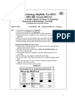 DBT BET Question Paper 2012 With Answer Key