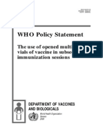 WHO Policy Statement - The Use of Opened Multi-Dose Vials of Vaccine in Subsequent Immunization Sessions