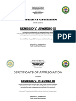 Remegio V. Juanero Iii: Certificate of Appreciation