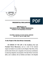 Presidential Proclamation With Respect To The Death of H.E. Pierre Nkurunziza, President of The Republic of Burundi.