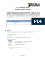 School of Engineering E116 - Computer Programming Worksheet For Problem 01: Data Types