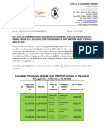 Provisional Merit List of Mining Sirdar