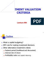 Investment Valuation Criteria: Lecture 9th