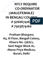 Urgently Require Office Co-Ordinator (Male/Female) in Bengali Colony # 9266674160 # 7503874160