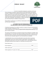 Counseling Reference Request: Authorization For The Release of Psychological and Psychiatric Information