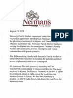 Neiman's Statement On Pharmacy Closure