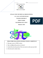 Julian Cho Technical High School 14 San Antonio Road Toledo District First Form Mathematics Test Summer 2018