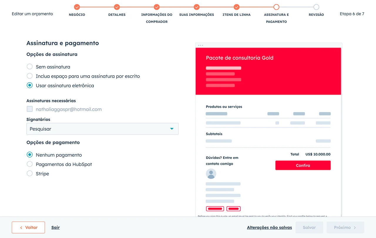 Interface do software de orçamento da HubSpot mostrando opções para adicionar várias linhas de itens