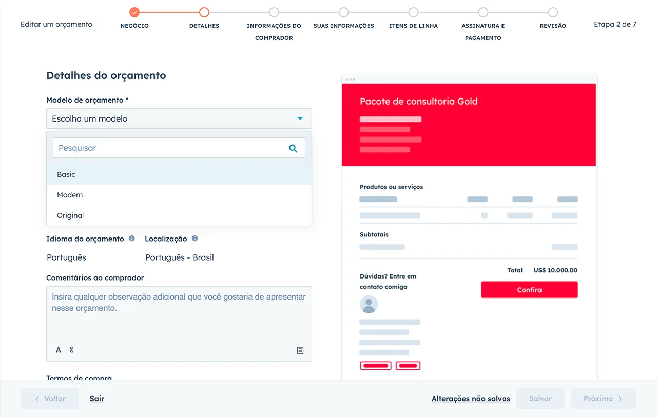 Interface do software de orçamento da HubSpot mostrando opções de modelo de orçamento