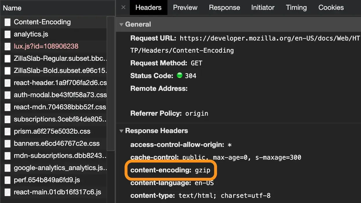 Developer tools screenshot that reads “content-encoding: gzip”