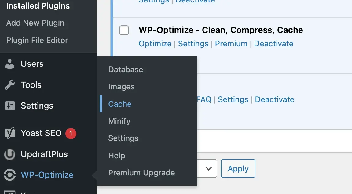 WordPress dashboard showing WP-Optimize tab with menu that says “Cache”