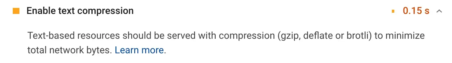 Warning that says, “Enable text compression” and explains that using compression such as GZIP would minimize total network bytes