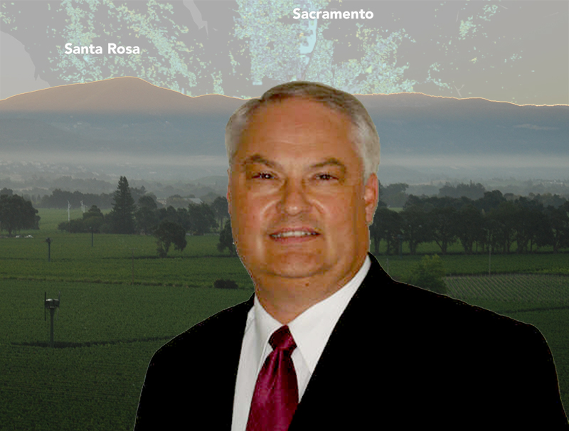 A photograph of WSWC Executive DIrector Tony Willardson superimposed on top of a photos of an irrigated vineyard and OpenET data for Santa Rosa, California.