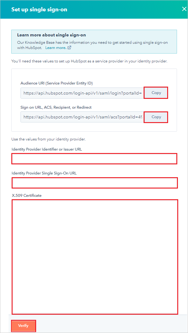 The Set up single sign-on section in HubSpot