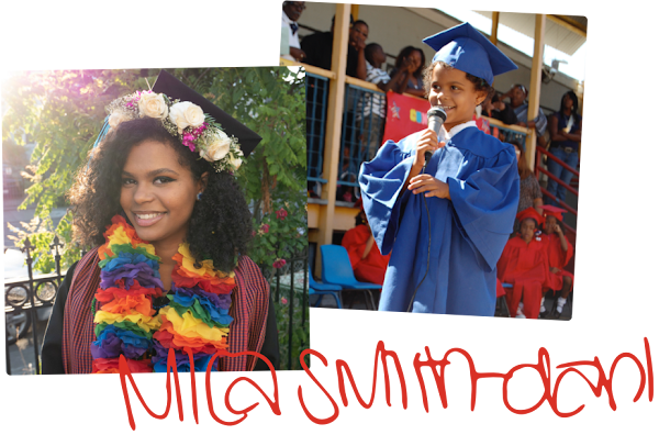 Mica in graduation cap and gown, Mica as a young child making a speech on stage.