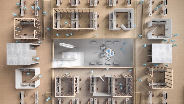 3D rendering of the interior office and desk space at Google offices at Bay View.