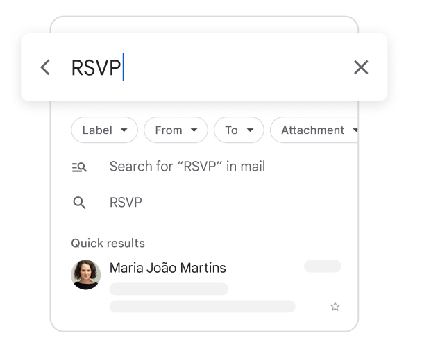 A simplified phone UI shows a search bar with ‘RSVP’ typed in, results featuring the phrase below.