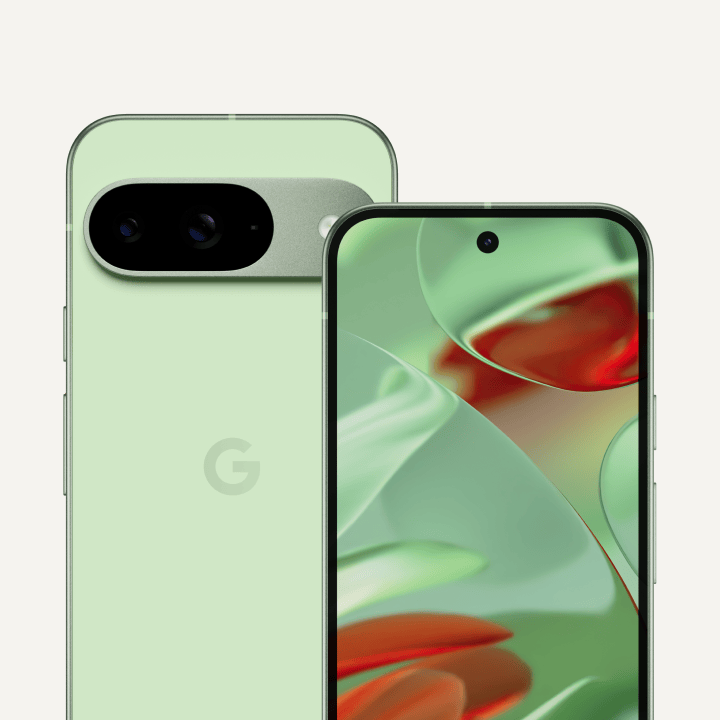 The front and back of a Pixel 9 in Wintergreen colour. The back shows off its upgraded camera bump, while the front shows off its brilliant display.