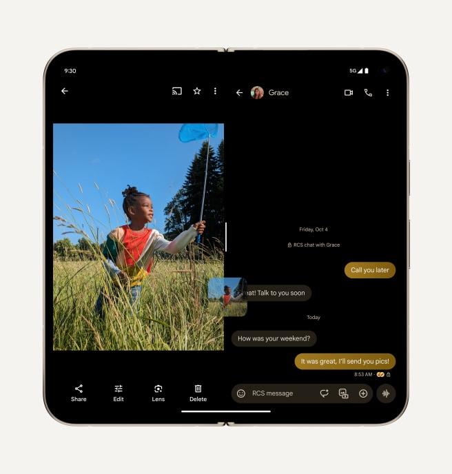 An open Pixel 9 Pro Fold displays a photo on the left side, easily being dragged and dropped into an open messaging conversation on the right.