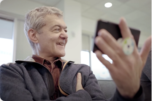 Dimitri Kanevsky, co-creator of Live Transcribe, is pictured using the platform to communicate with colleagues