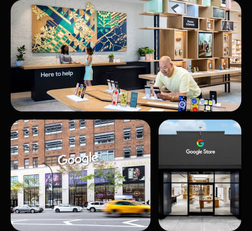 The new storefronts of the Google Store in Chelsea and Williamsburg. In one of the stores, Google products are neatly arrrayed on tables and shelves. One storefront boasts white columns in a bustling neighborhood, while the other storefront is a brilliant black.