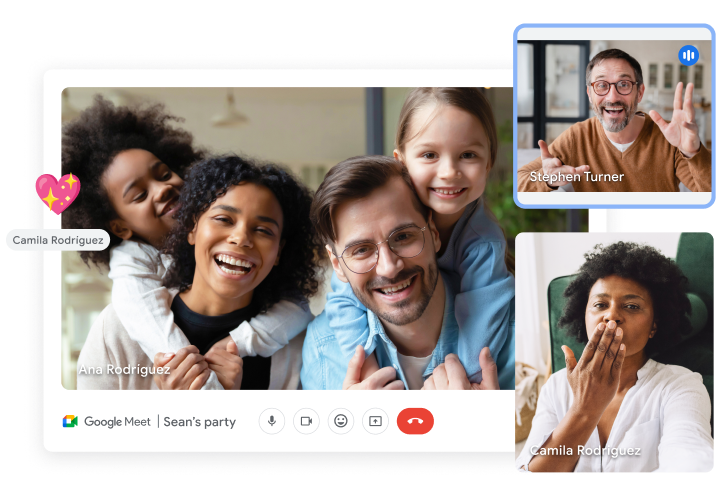 Three windows of a Google Meet video call show participants for a virtual party. 
