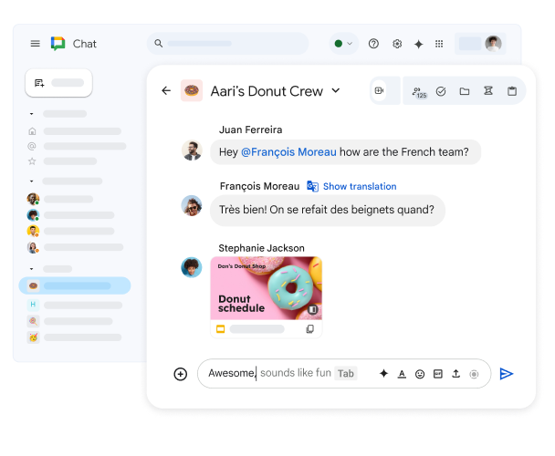 Google Chat ‑tila nimeltä "Dan’s Donut Crew", jossa näkyy jaettu Google Slides ‑esitys, ranskaksi kirjoitettu viesti ja mahdollisuus katsoa viestin käännös.