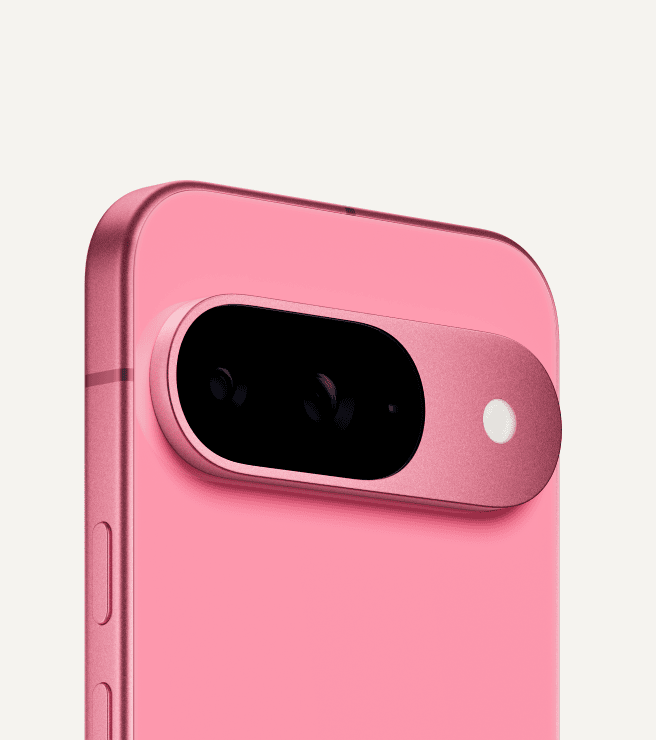 The top third of the back of Pixel 9 in Peony colour.