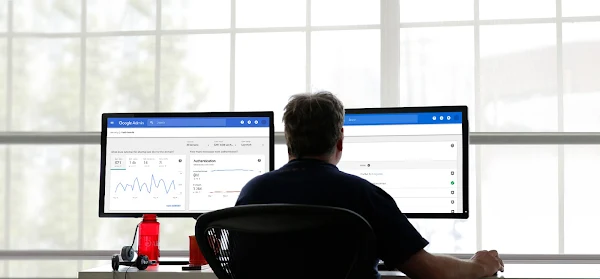 Person seeing security center dashboard on computer monitor. 