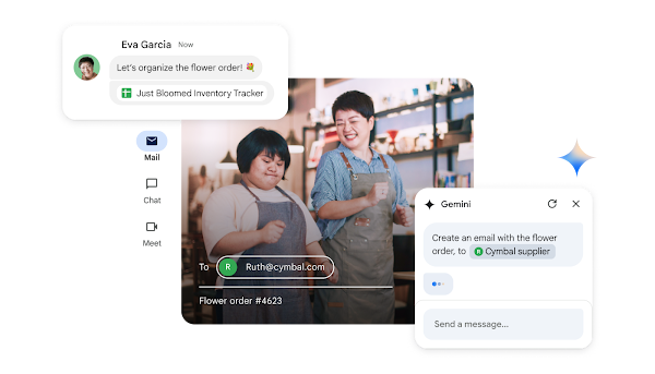 Kaksi työntekijää luo Geminillä sähköpostin yritykselle inventaarin laskentataulukosta.