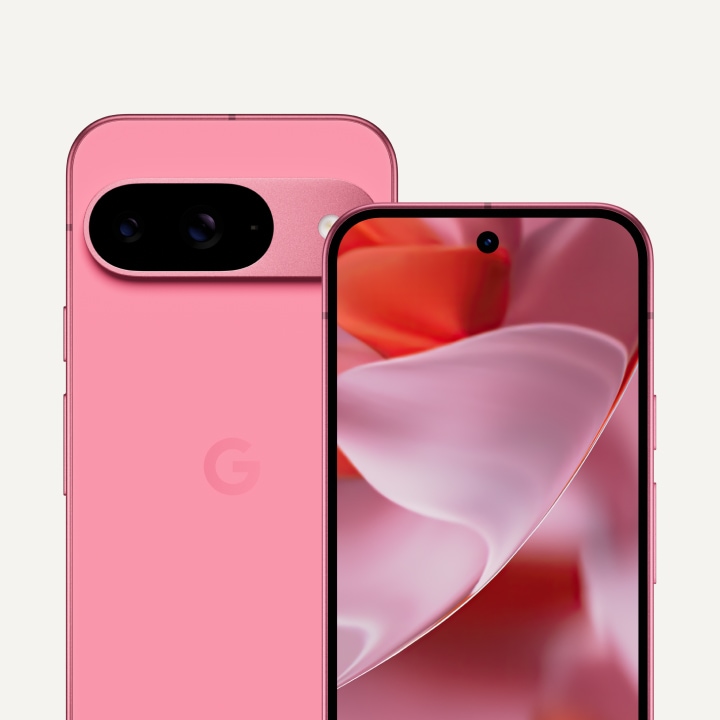 The front and back of a Pixel 9 in Peony colour. The back shows off its upgraded camera bump, while the front shows off its brilliant display.