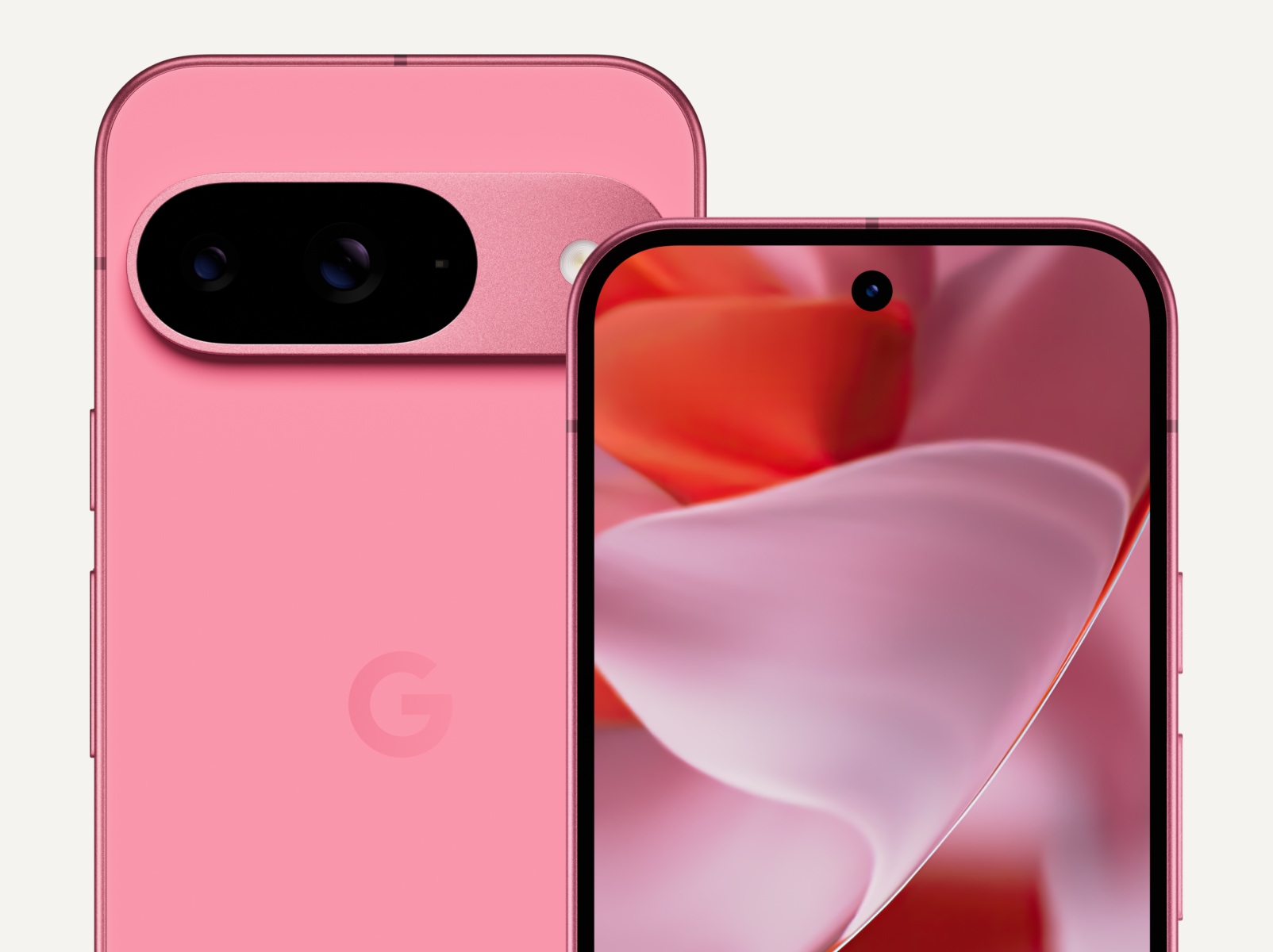 The front and back of a Pixel 9 in Peony colour. The back shows off its upgraded camera bump, while the front shows off its brilliant display.