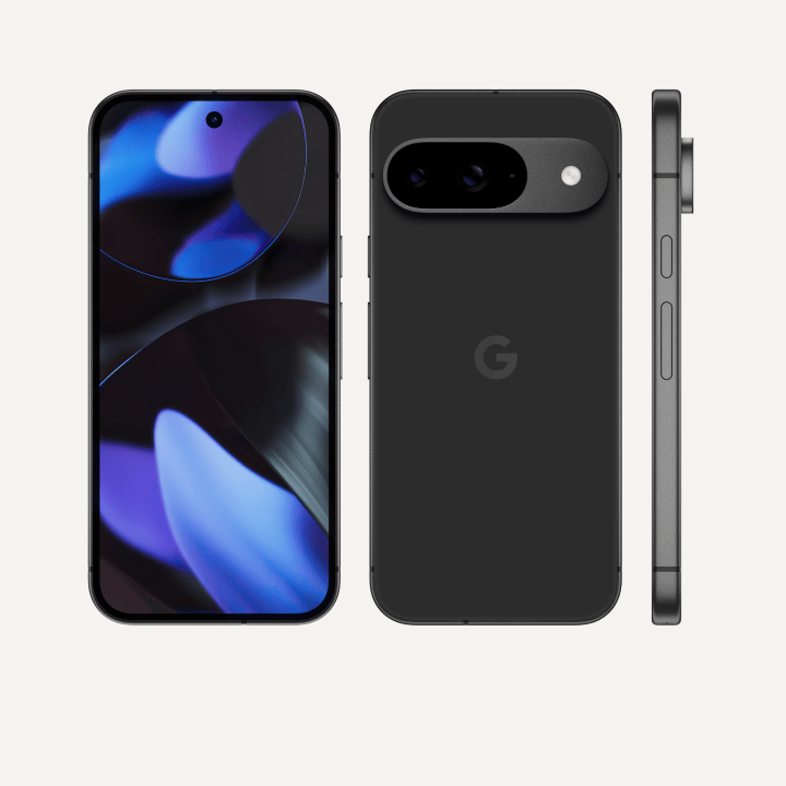 The front, back and side of a Pixel 9 in Obsidian colour. The back shows off its upgraded camera bump, the front shows off its brilliant display and the side shows off its satin-finish metal frame.