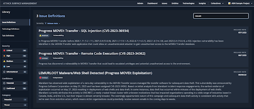 Image of the Mandiant ASM GUI, featuring the Library which contains a list of the available active checks. The library is filtered for MOVEit, to show several active checks related to the vulnerability.