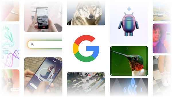 Una cuadrícula de imágenes con el logotipo de Google en el centro. Las imágenes incluyen un colibrí, un lobo con un círculo que tiene el brillo de IA en la parte de arriba, una persona usando Rodea para Buscar en un teléfono móvil, una persona mostrando Project Astra en un teléfono, Bugdroid de Android, la barra de la Búsqueda de Google y otras.