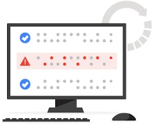 Ilustração de um monitor de computador com três linhas de dados. A linha superior e a inferior têm marcas de seleção azuis à esquerda, e a linha do meio tem um triângulo vermelho com um ponto de exclamação