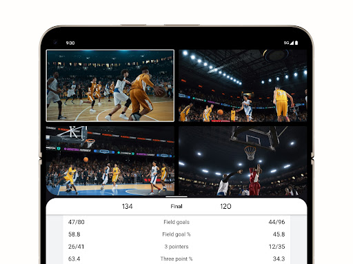 Pixel 9 Pro Fold displays a men's basketball game across two-thirds of its screen, scores and stats below.