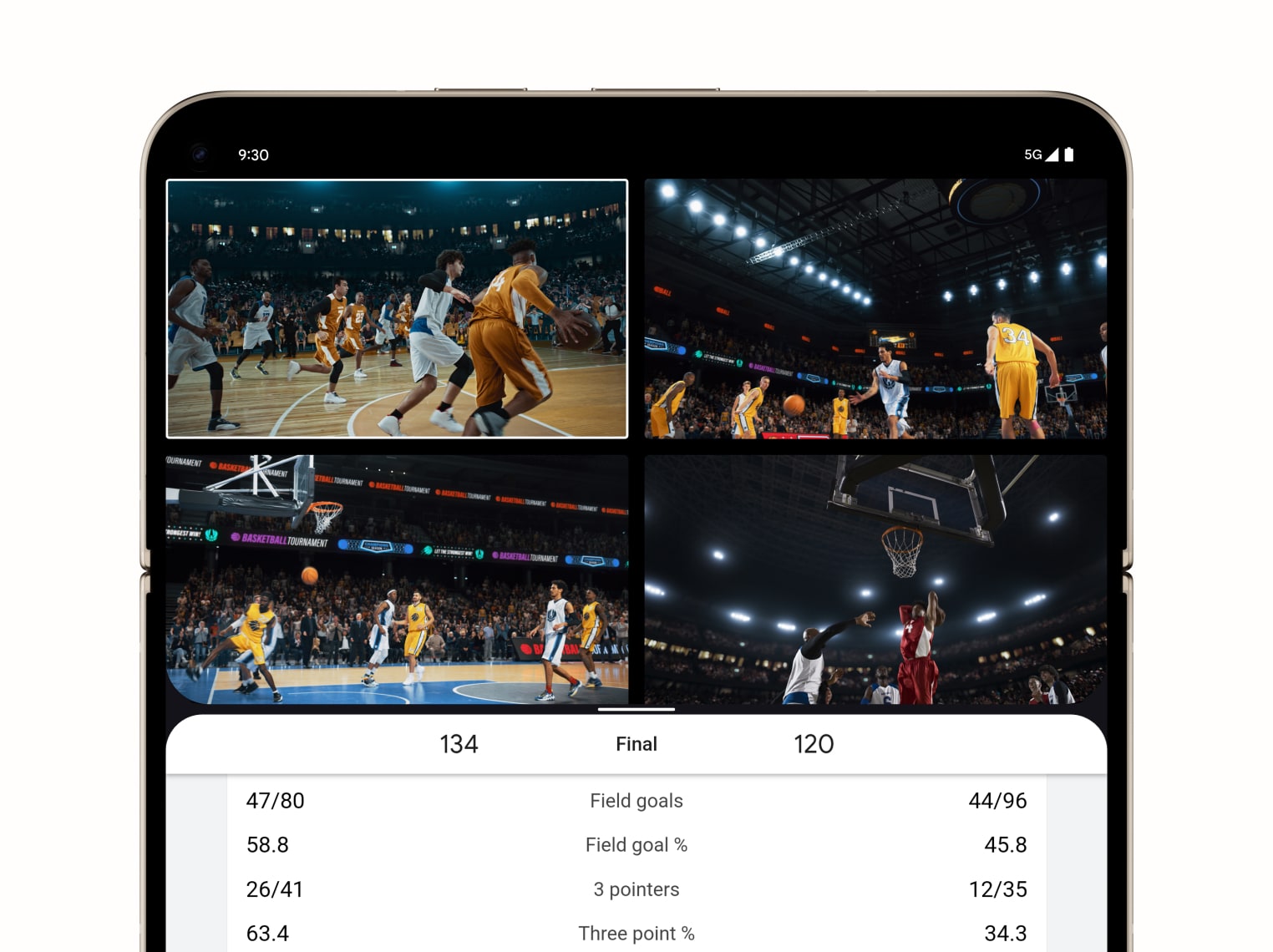 Pixel 9 Pro Fold displays a men's basketball game across two-thirds of its screen, scores and stats below.